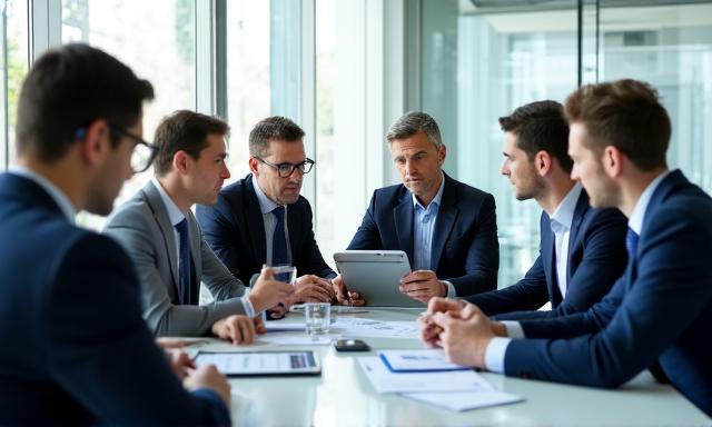 Professional team analyzing risk metrics in a corporate boardroom