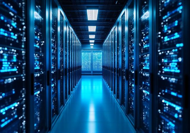 Modern server room and data visualization overlays